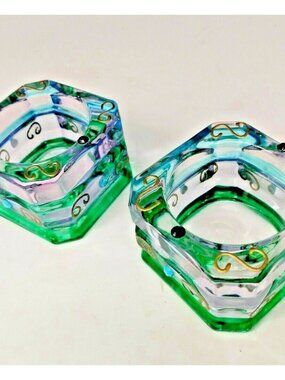 Partylite Votive Candle holders Mardi Gras Rhinestone beads green & gold gild